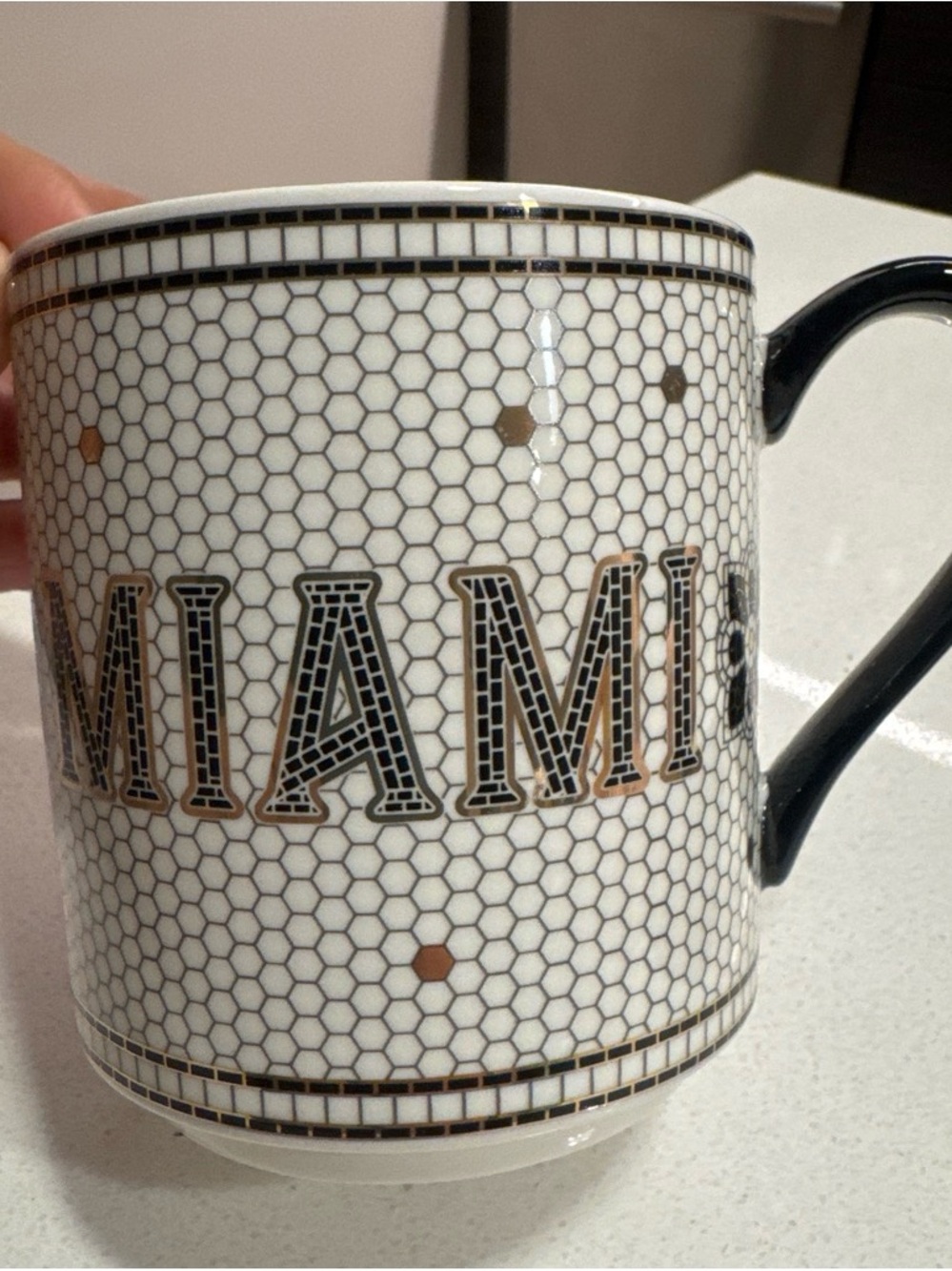 Anthropologie White, Gold and Black Honeycomb Name-Print Mug